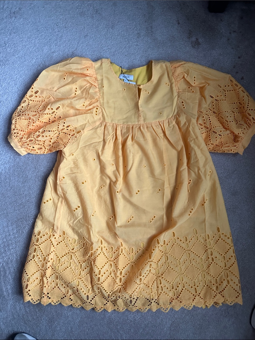Women's Yellow Eyelet Puff-Sleeve Mini Dress